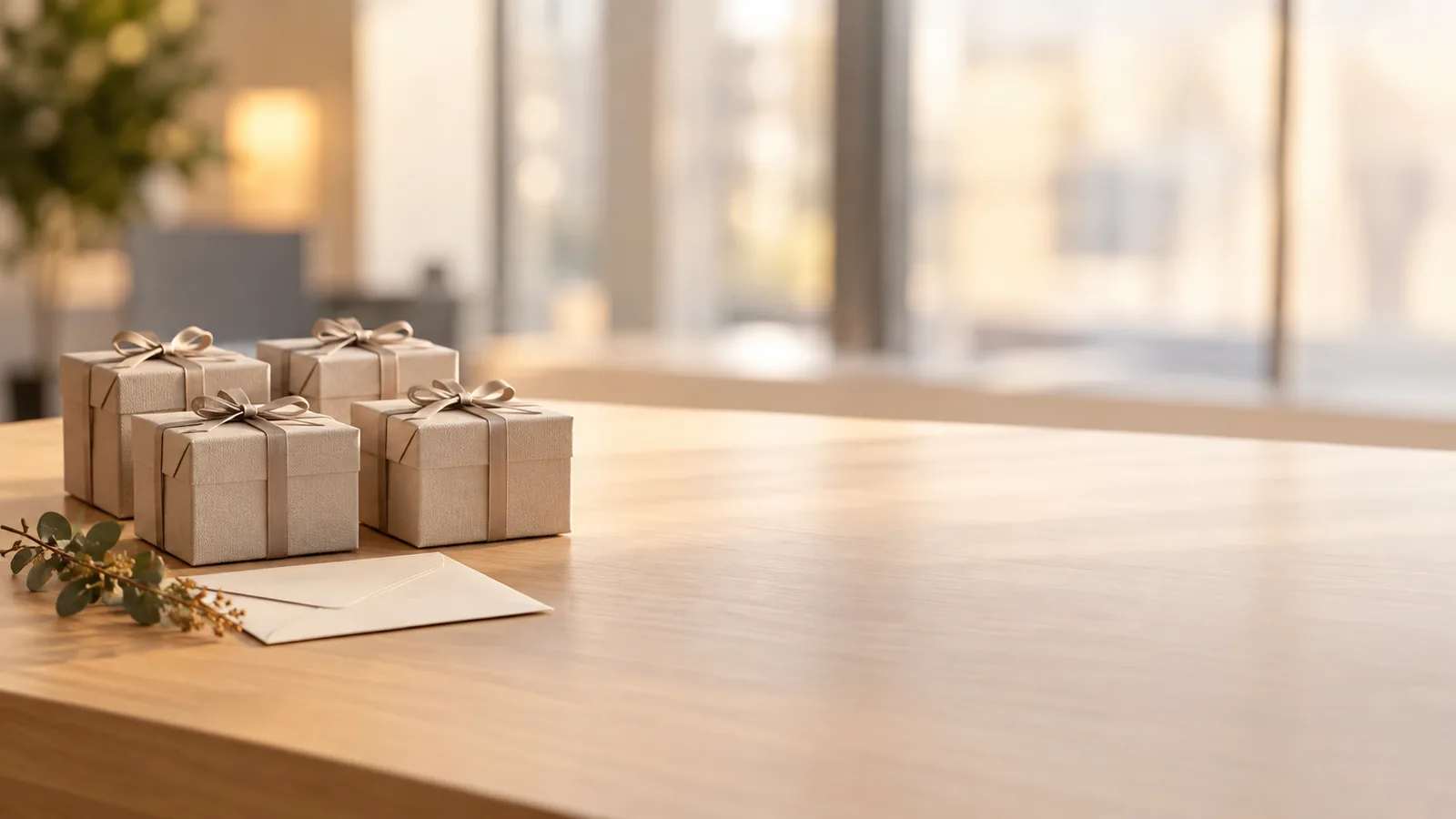Coffrets cadeaux et enveloppe posés sur un bureau — dépenses de fin d'année.